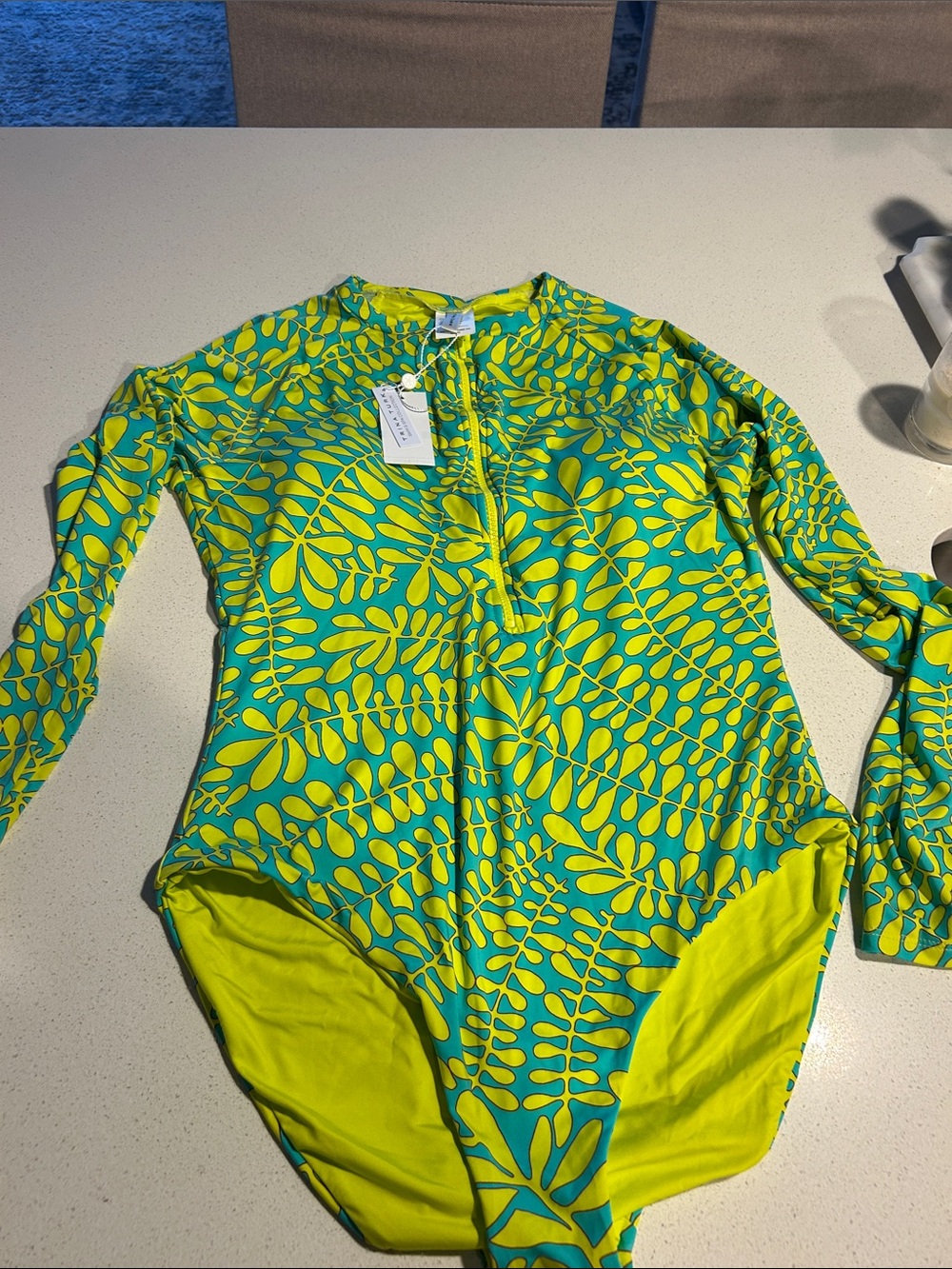 Trina Turk Girls' Green and Turquoise Leaf-Print Rashguard Swimsuit